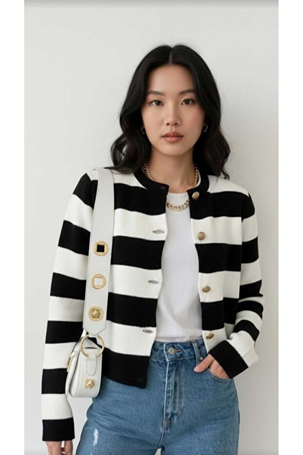 Triko Şeritli Kısa Hırka - 2