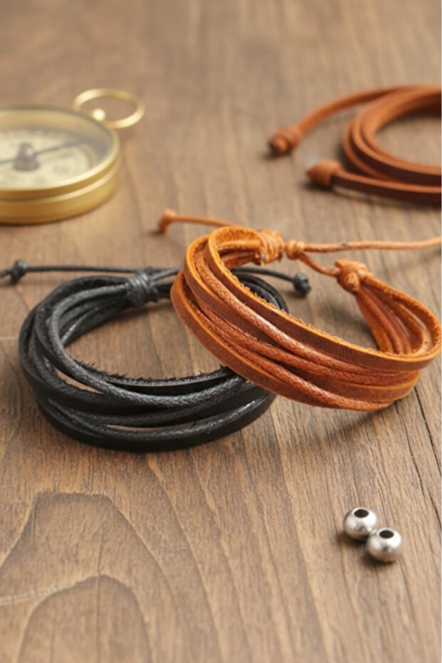 Çoklu Taba/Siyah 2 Parça Hakiki Deri Bileklik - 1