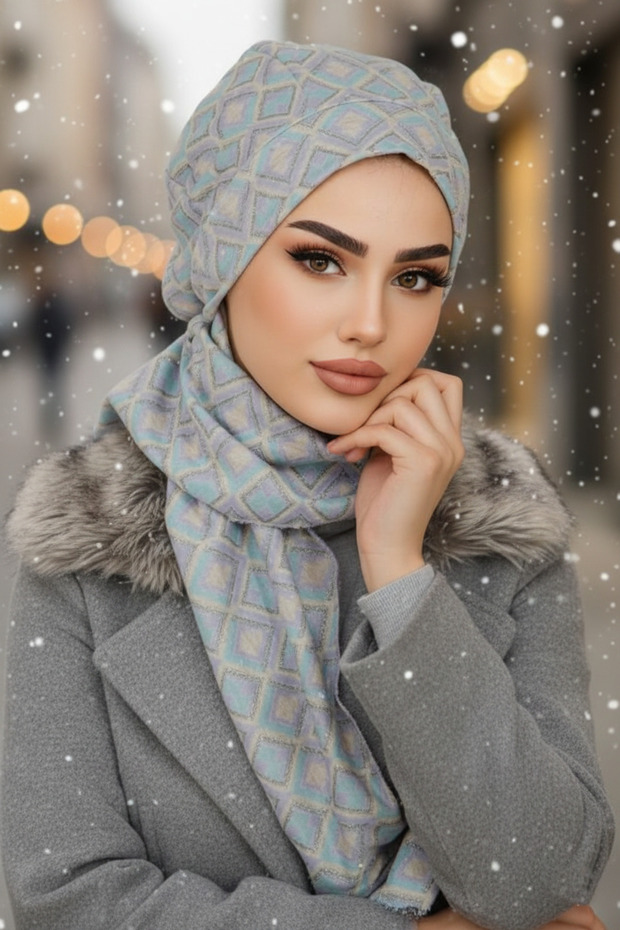 Blue Gray Patterned Hijab Beanie