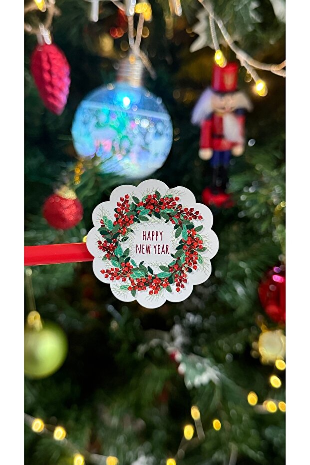 New Year Themed Happy New Year Wavy Round Model Opaque Sticker/Label - 5 cm. - 50 Pieces