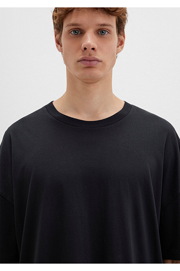 Organik Pamuk Siyah Oversize Tişört Oversize / Geniş Kesim 066902-900 - 5
