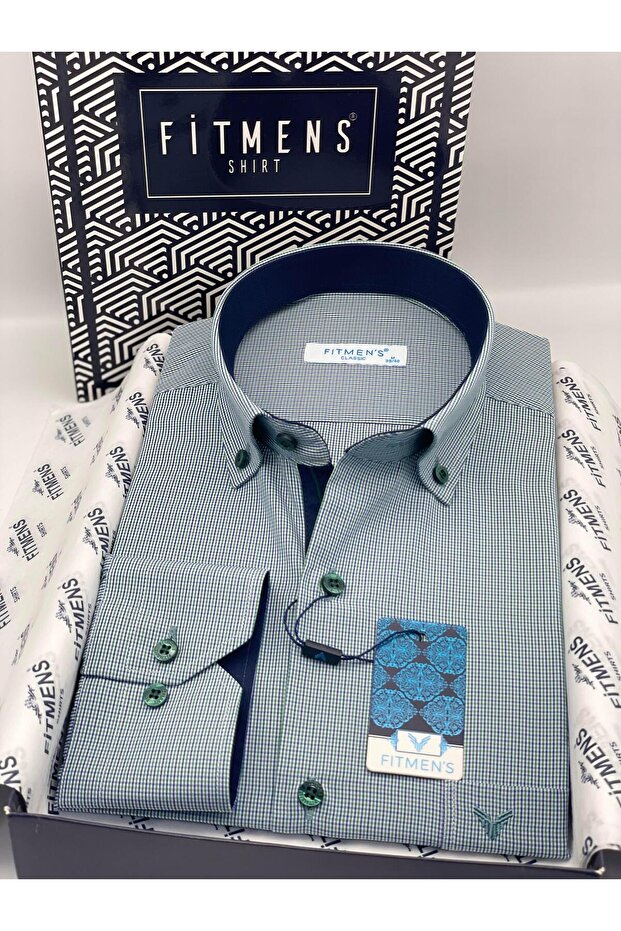 Classic Long Sleeve Plaid Collar Buttoned Men's Shirt with Gift Box Fs-002273 - Green
