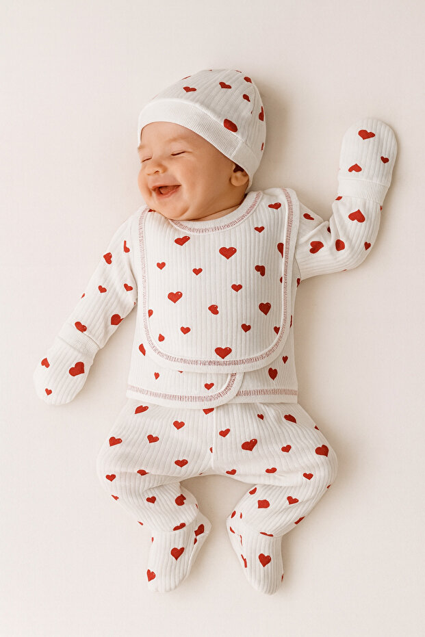 Hece Bebe %100 Pamuklu 5 Parça Hastane Çıkışı Seti – Bebek Zıbın Takımı, Şapka, Önlük, Eldiven