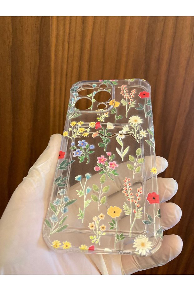 iPhone 16 Pro Max Vine Printed Transparent Silicone Phone Case with Card Holder Cover