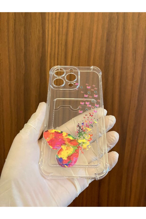 iPhone 16 Pro Max Butterfly Butterfly Printed Transparent Silicone Phone Case with Card Holder Cover