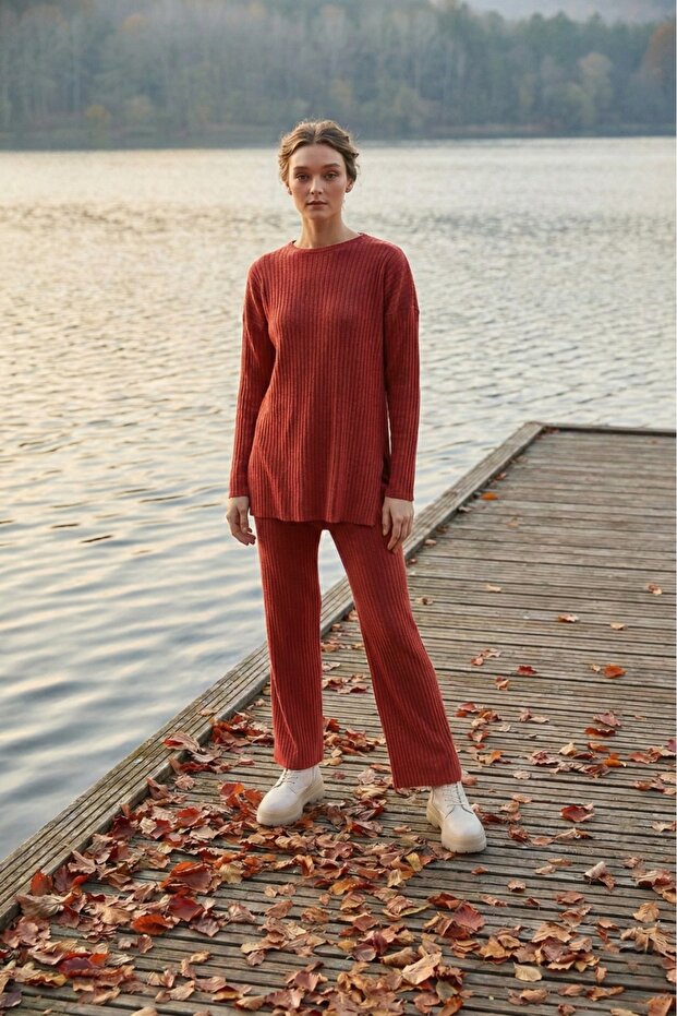 Kiremit Pamuklu Fitilli Kadın Bluz Pantolon İkili Takım - 1