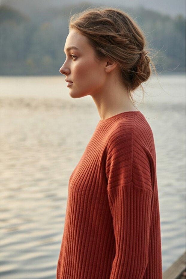 Kiremit Pamuklu Fitilli Kadın Bluz Pantolon İkili Takım - 4