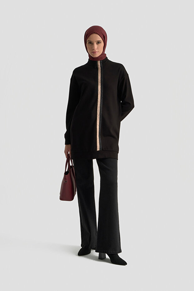 Zippered Stand Collar-Stripe Detailed Tunic Autumn-Winter