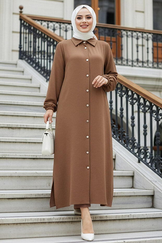 Buttoned Camel Hijab Double Set 10101C - 1