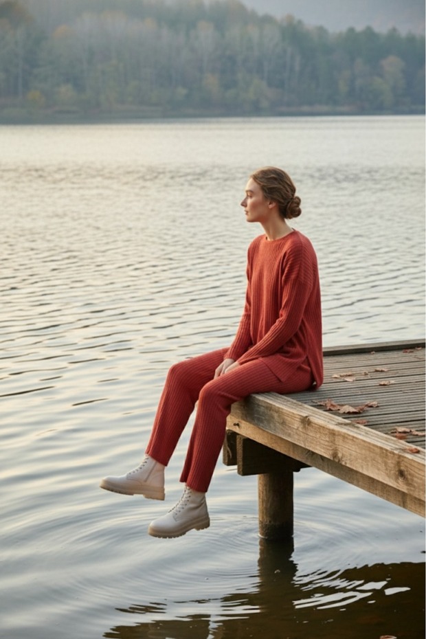 Kiremit Pamuklu Fitilli Kadın Bluz Pantolon İkili Takım - 6