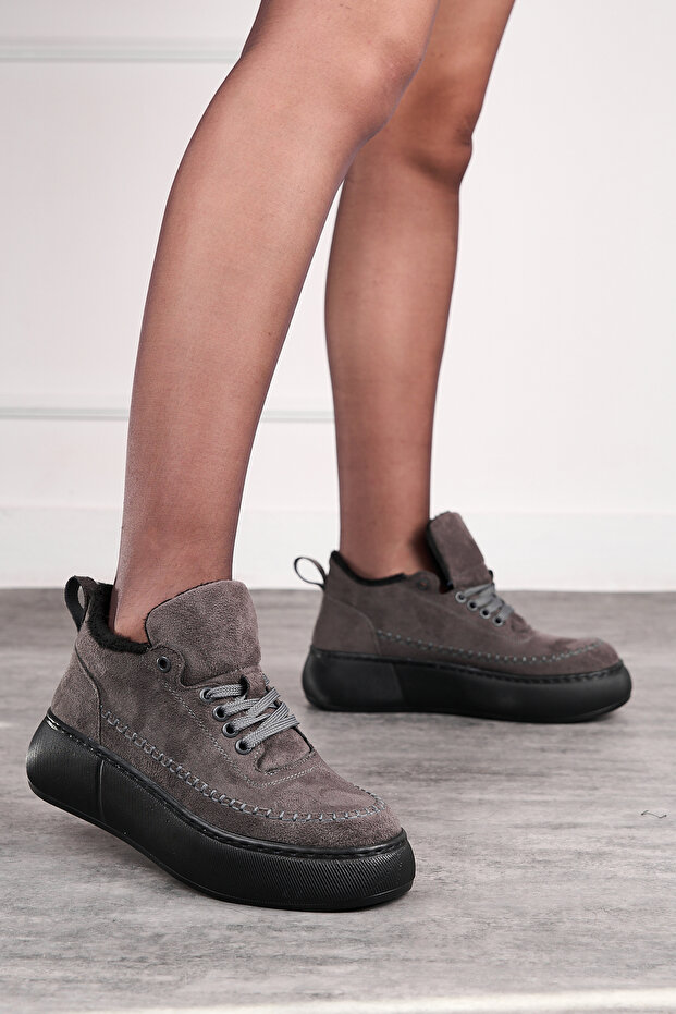 Daily Women's Gray Boots Lace-Up High Thick Sole Fur Oval Toe Suede Lightweight Bootie 1701