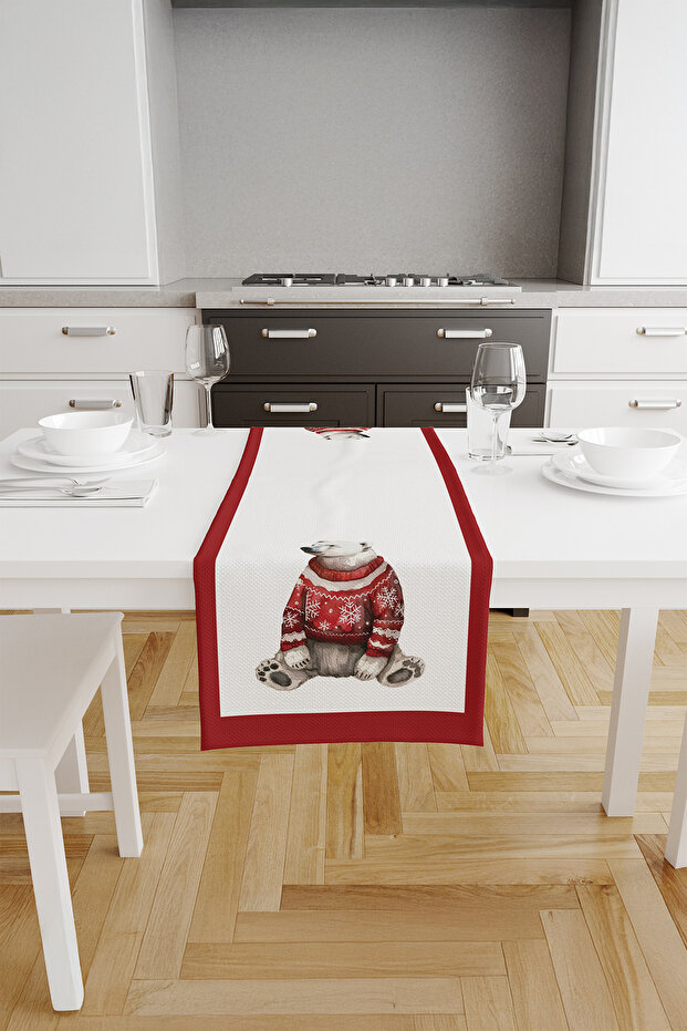 Christmas Themed Polar Bear Patterned Red Detailed Runner White 45X140