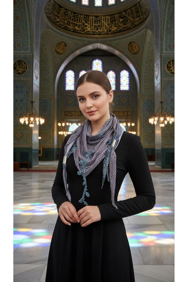 Polka Dot Sequined Stripe Ring-Tipped Women's Scarf Shawl Gray