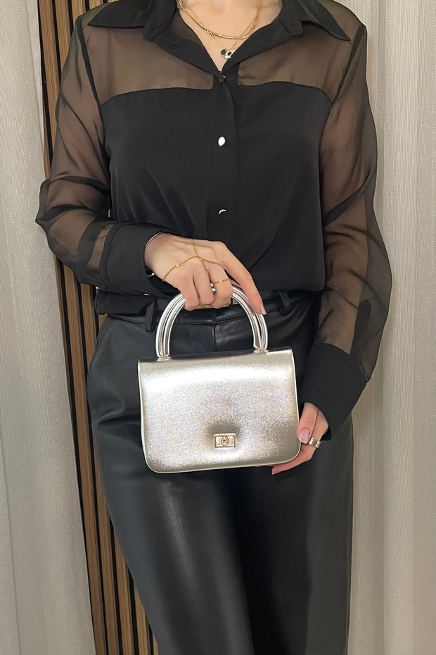 Fibag Women's Silver Shiny Gold Chain Strap Detailed Handbag