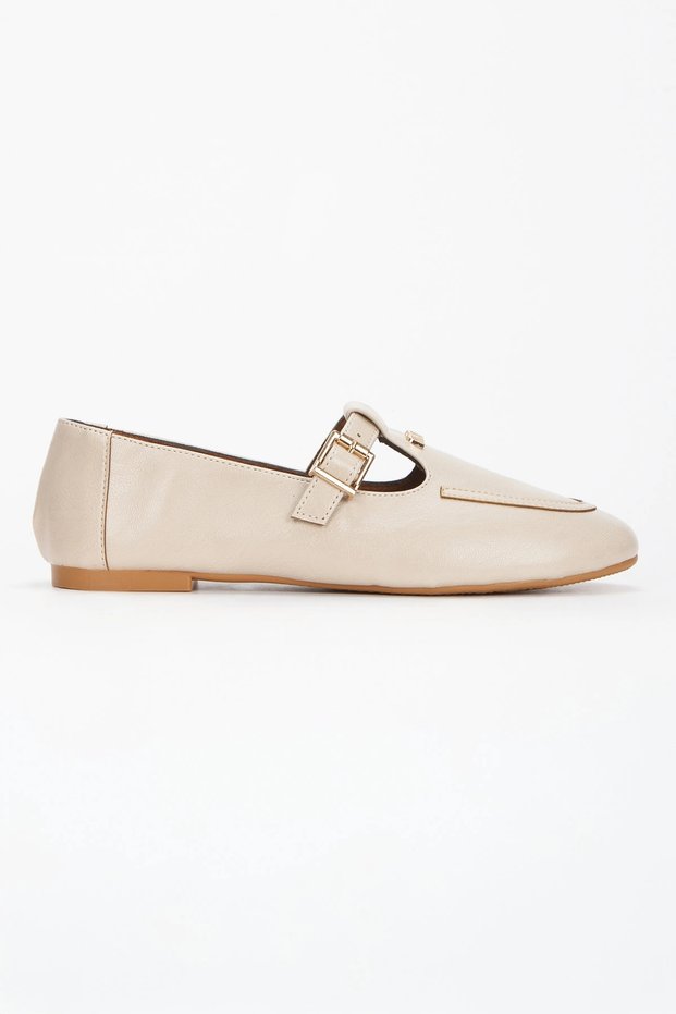 Women's Beige Faux Leather Flat Heeled Stylish Buckle Detailed Comfortable Ballerina Shoes