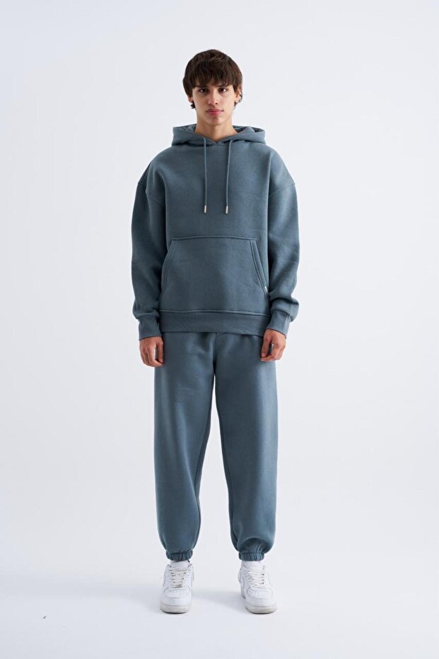 Erkek Oversize Basic Kapüşonlu Sabah Mavi Sweatshirt - 3