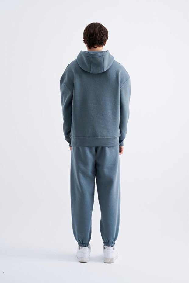 Erkek Oversize Basic Kapüşonlu Sabah Mavi Sweatshirt - 5