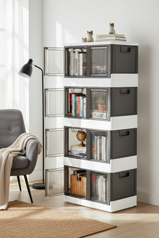 Multi-Purpose Stackable Folding 4-Piece Anthracite Organizer Cabinet Set - 1