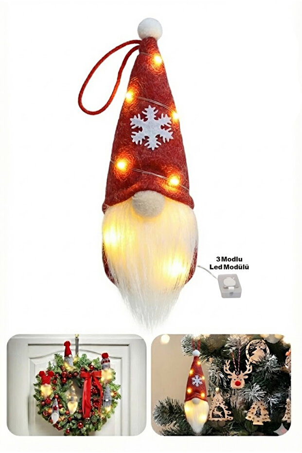 Kelira Işıklı Gnome Yılbaşı Süsü Yılbaşı Figürü Şans Cücesi Yıl Başı Noel Baba Şapkalı Gnome Kar Taneli