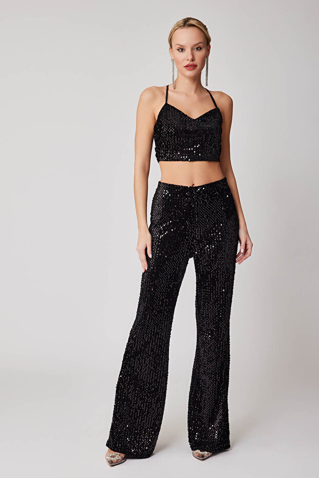 İspanyol Paça Yüksek Bel Pullu Pantolon - 4