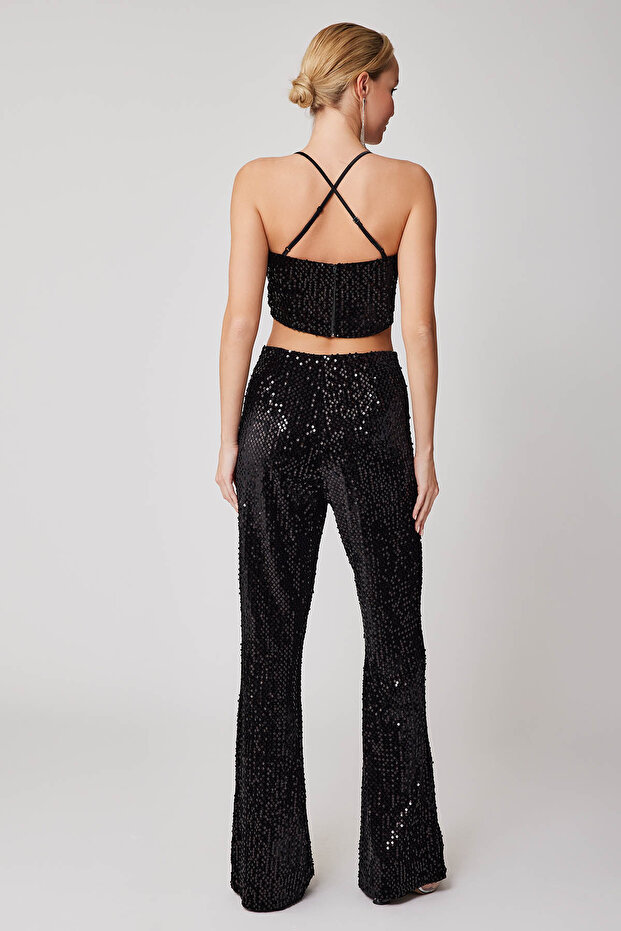 İspanyol Paça Yüksek Bel Pullu Pantolon - 8