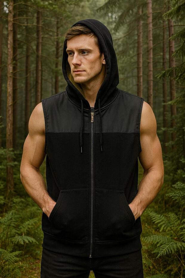 Men's Fur Lined Hooded Pocket Vest