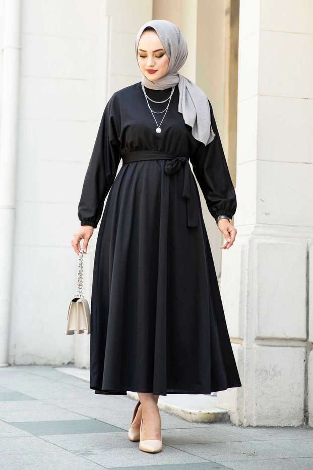 Belted Hijab Dress 100Md-10528 Black