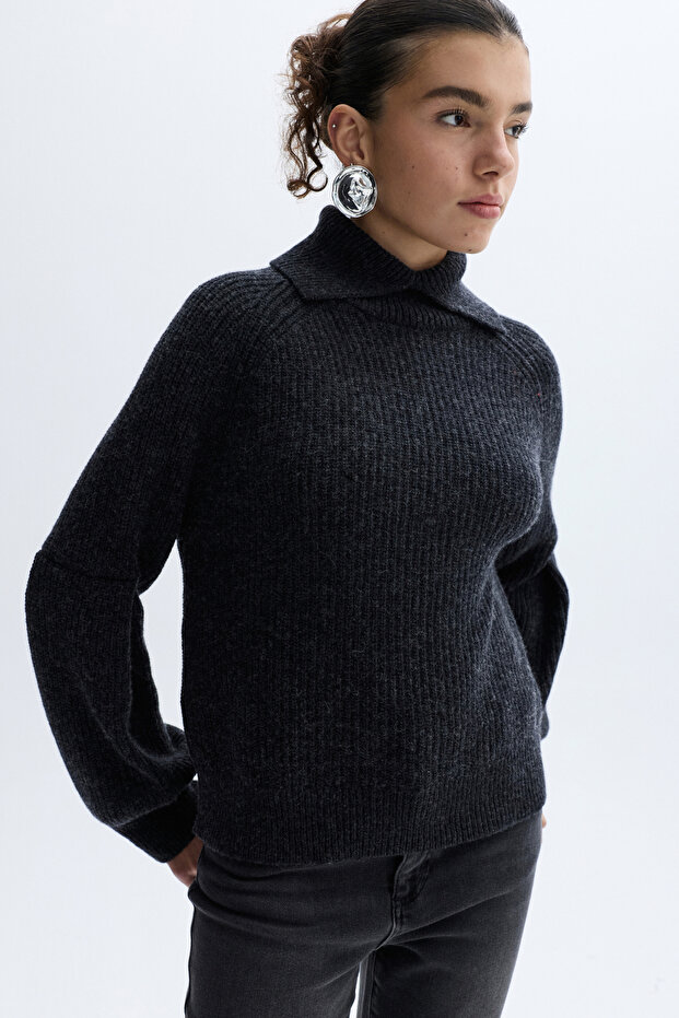 Women's Anthracite Loose Fit High Neck Wool Sweater
