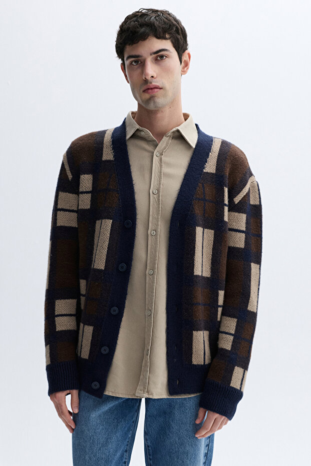 Men's Brown Jacquard V-Neck Cardigan
