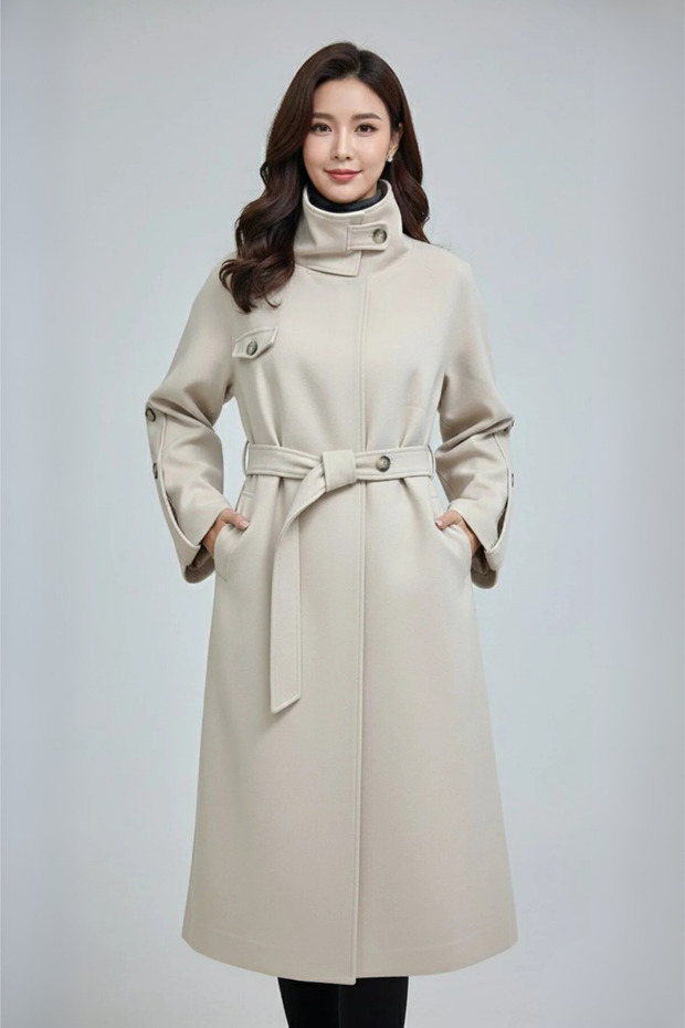 Women's Coat Long Women's Coat Women's Hijab Coat Cashmere Coat Bone Winter Coat Front Belted Buttoned