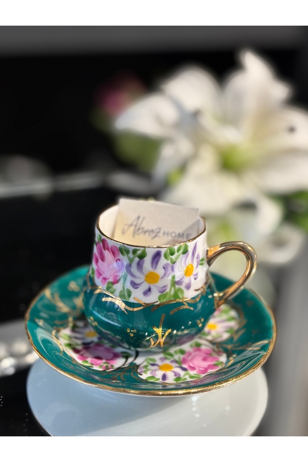 Hand Painted Porcelain 1 Piece Coffee Cup / Petrol Green