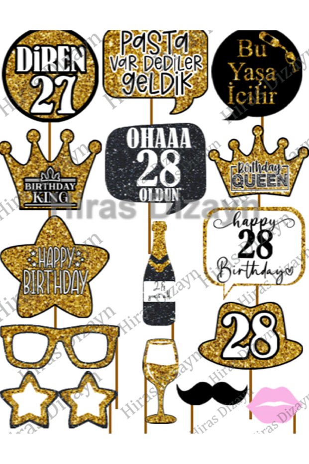 28 Years Old Women Men 15Pieces Gold Sparkle Slogans Birthday Party Speech Balloon Selfie Sticks