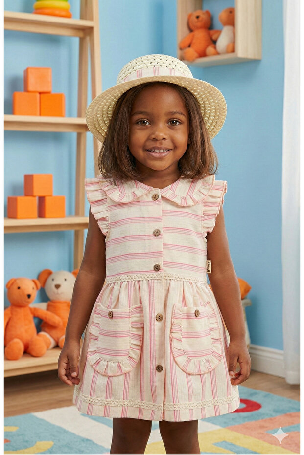 Girl's Ruffled Striped Dress and Hat Set (1-2-3-4 Years Old)