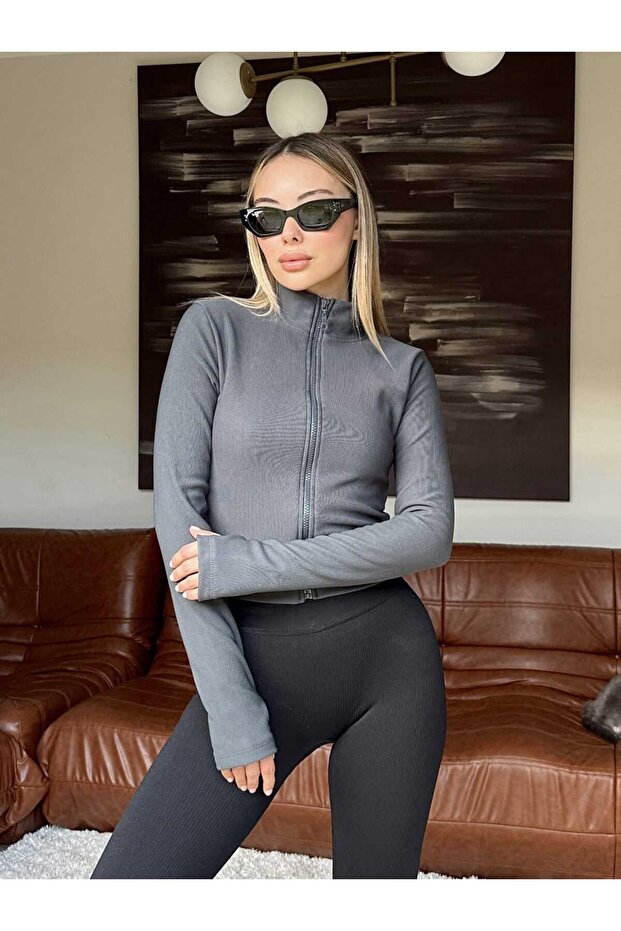 Women's Anthracite Slim Fit Fleece Mock Neck Zip Cardigan