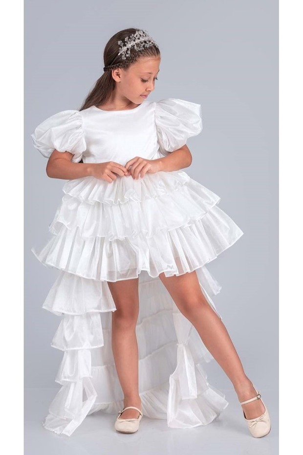 Girl's graduation gown with crown and train - detachable special occasion dress