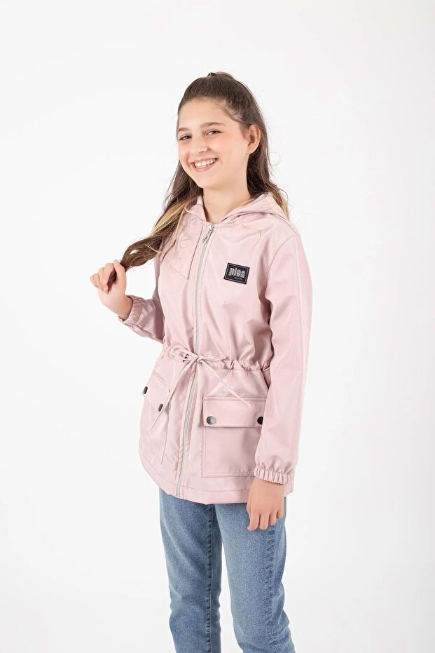 Girl's Hooded Pocketed Raincoat Powder