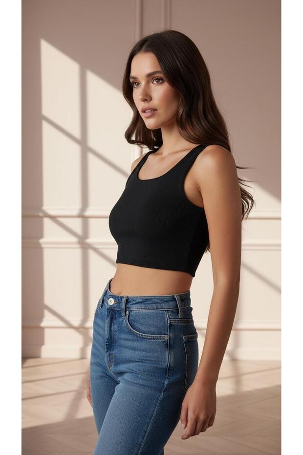 Kare Yaka Fitilli Örme Crop Bluz - 2