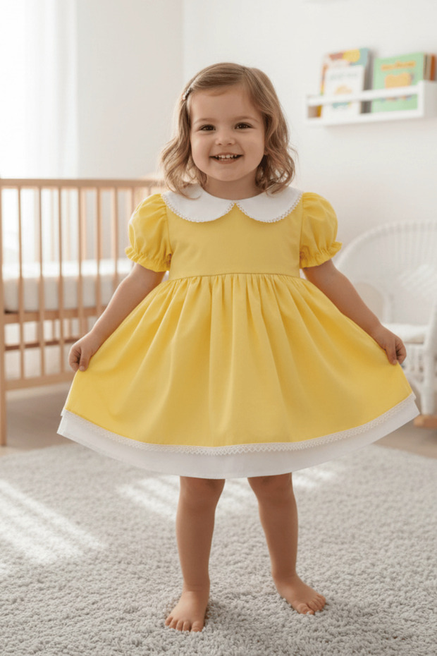 Peter Pan collar Yellow Girls' Baby Cotton Dress with Lace Detail