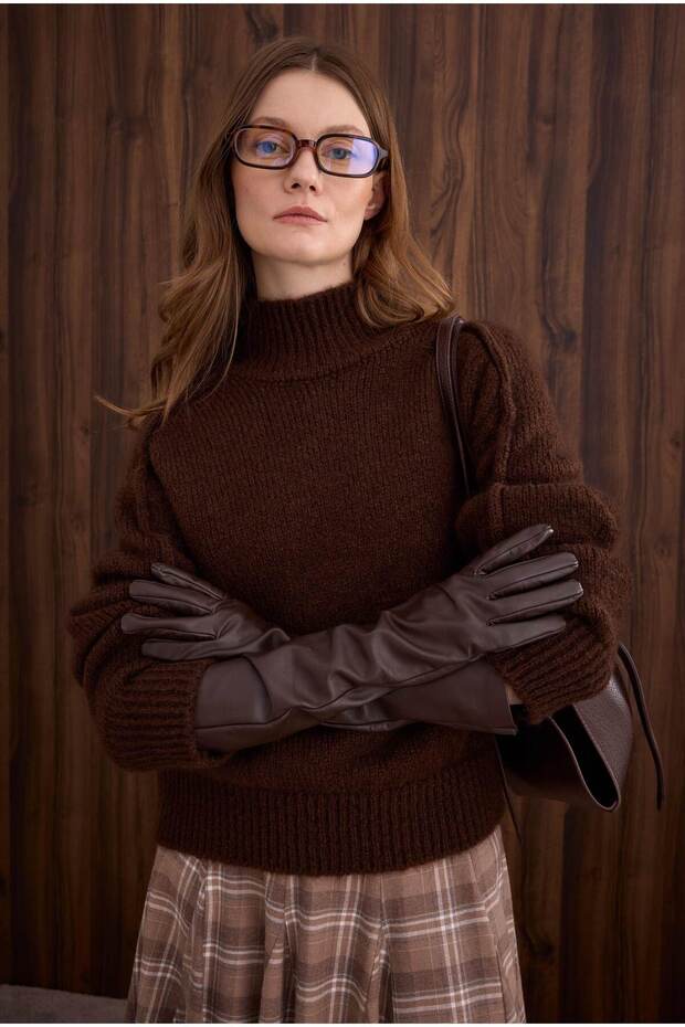 %100 Deri Uzun Eldiven Acı Kahve - 1