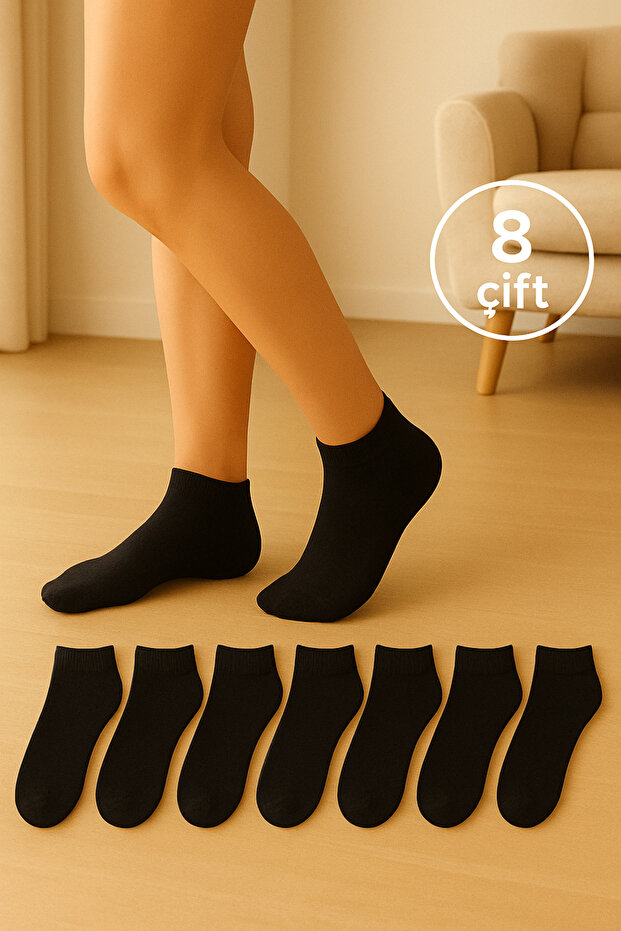 8 Pairs Women's Plain Black Color Washable Ankle Booties Socks