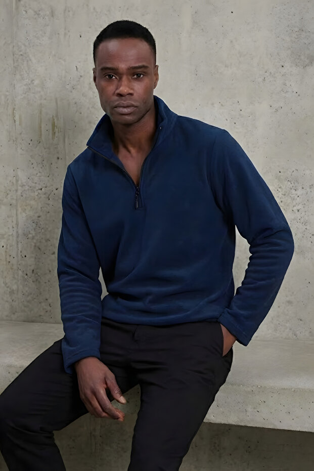 Men's Navy Blue Fit Mock Neck Half Zipper Sweatshirt Fleece