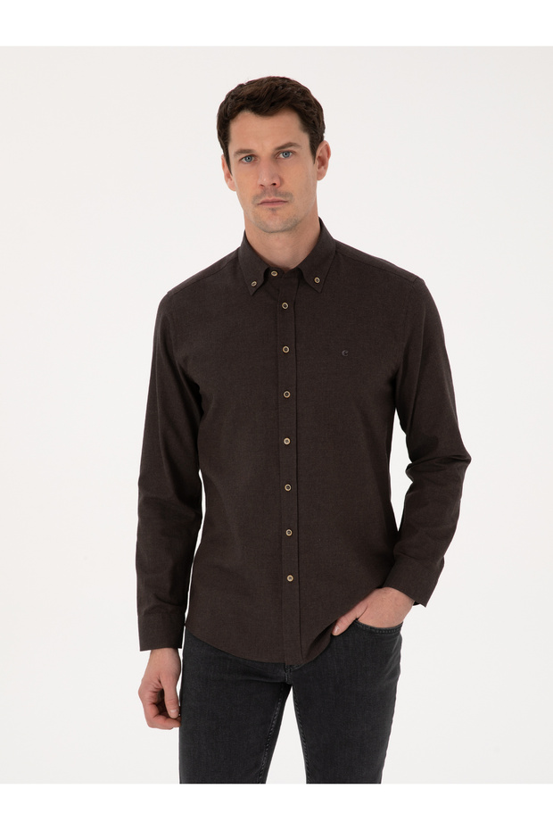 Dark Brown Slim Fit 100% Cotton Buttoned Flannel Shirt 50313122-Vr084