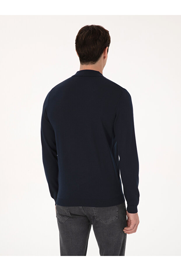 Lacivert Regular Fit Yün Karışımlı Fermuarlı Polo Yaka Basic Triko Kazak 50318901-VR033 - 5