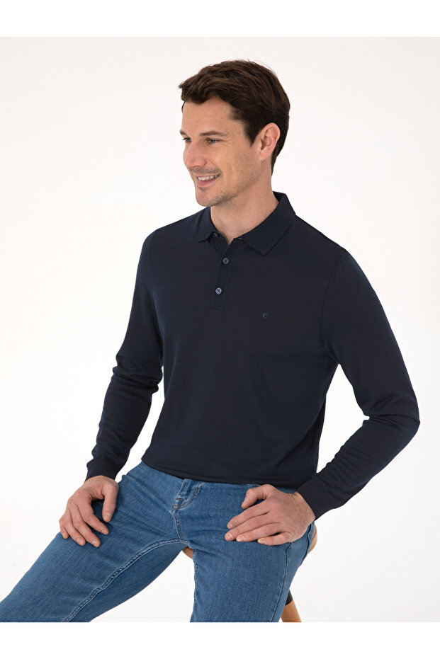 Lacivert Regular Fit Yün Karışımlı Polo Yaka Basic Triko Kazak 50318855-VR033 - 3