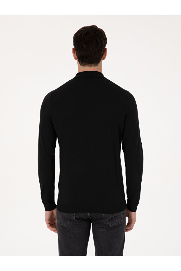 Siyah Regular Fit Yün Karışımlı Polo Yaka Basic Triko Kazak 50318855-VR046 - 5