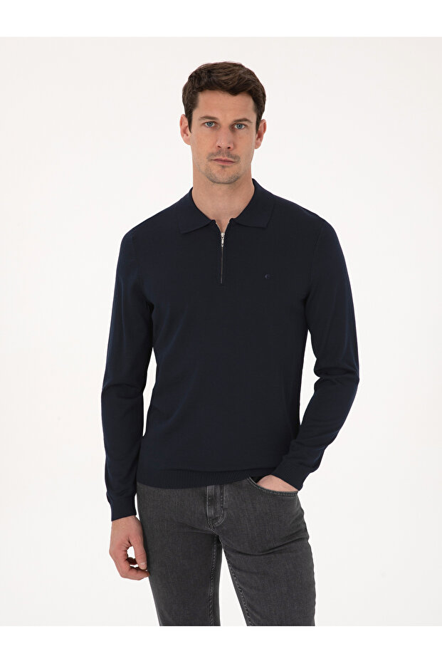 Lacivert Regular Fit Yün Karışımlı Fermuarlı Polo Yaka Basic Triko Kazak 50318901-VR033 - 1