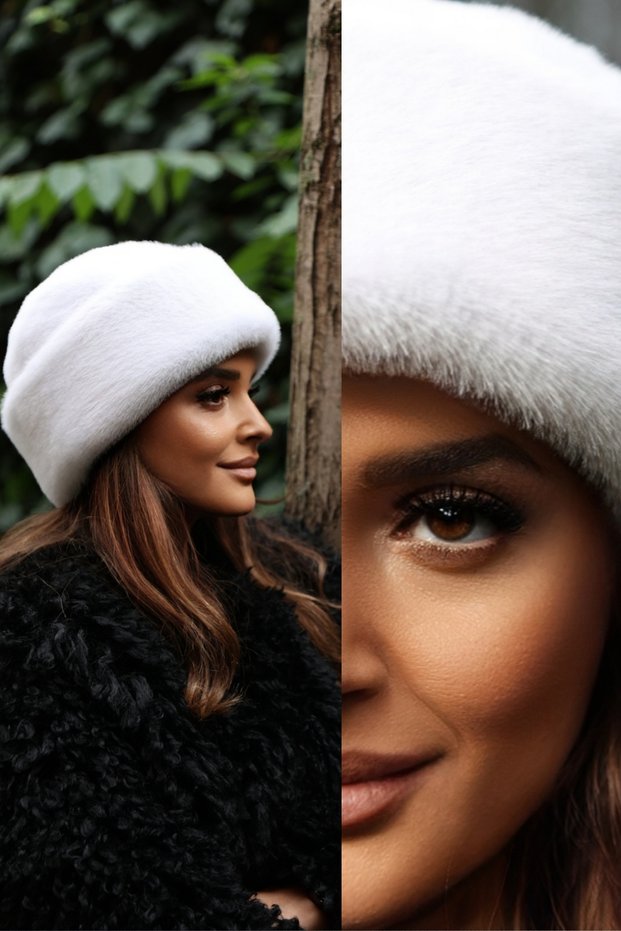 Premium British Royal Style Kalpak Hat Women's Winter Beanie Plush Faux Fur - Mink White