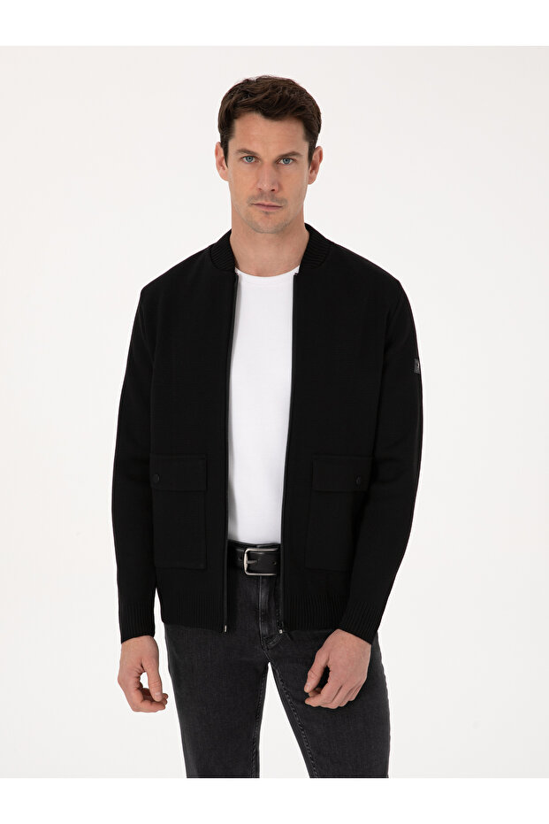 Black Slim Fit Wool Blend Full Zip Knitwear Cardigan 50310564-Vr046