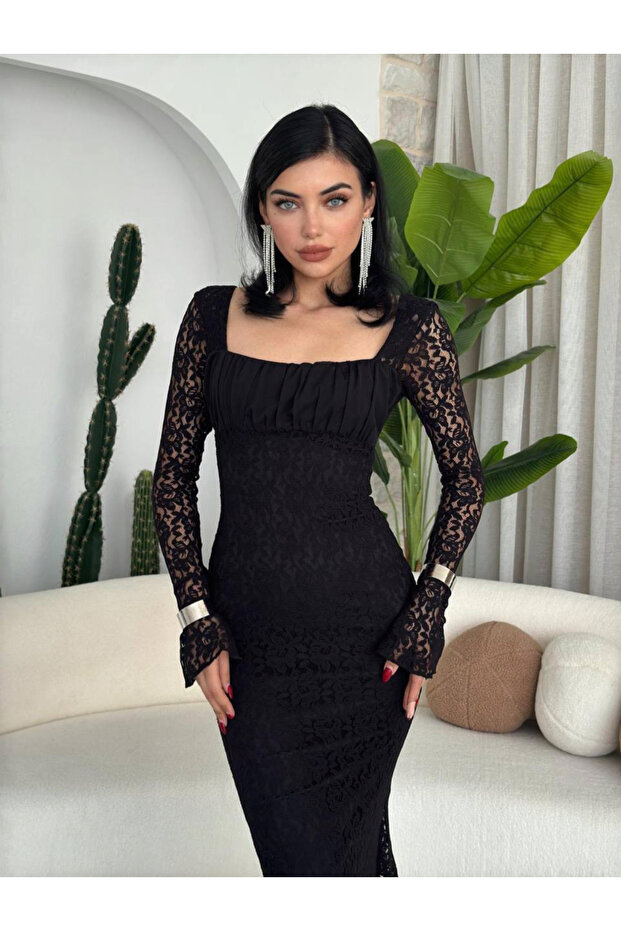 Black Lace Pleated Square Neck Midi Dress
