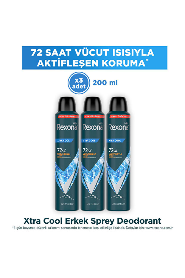 Rexona Men Erkek Sprey Deodorant Xtra Cool 72 Saat Kesintisiz Üstün Koruma 200 ml x3